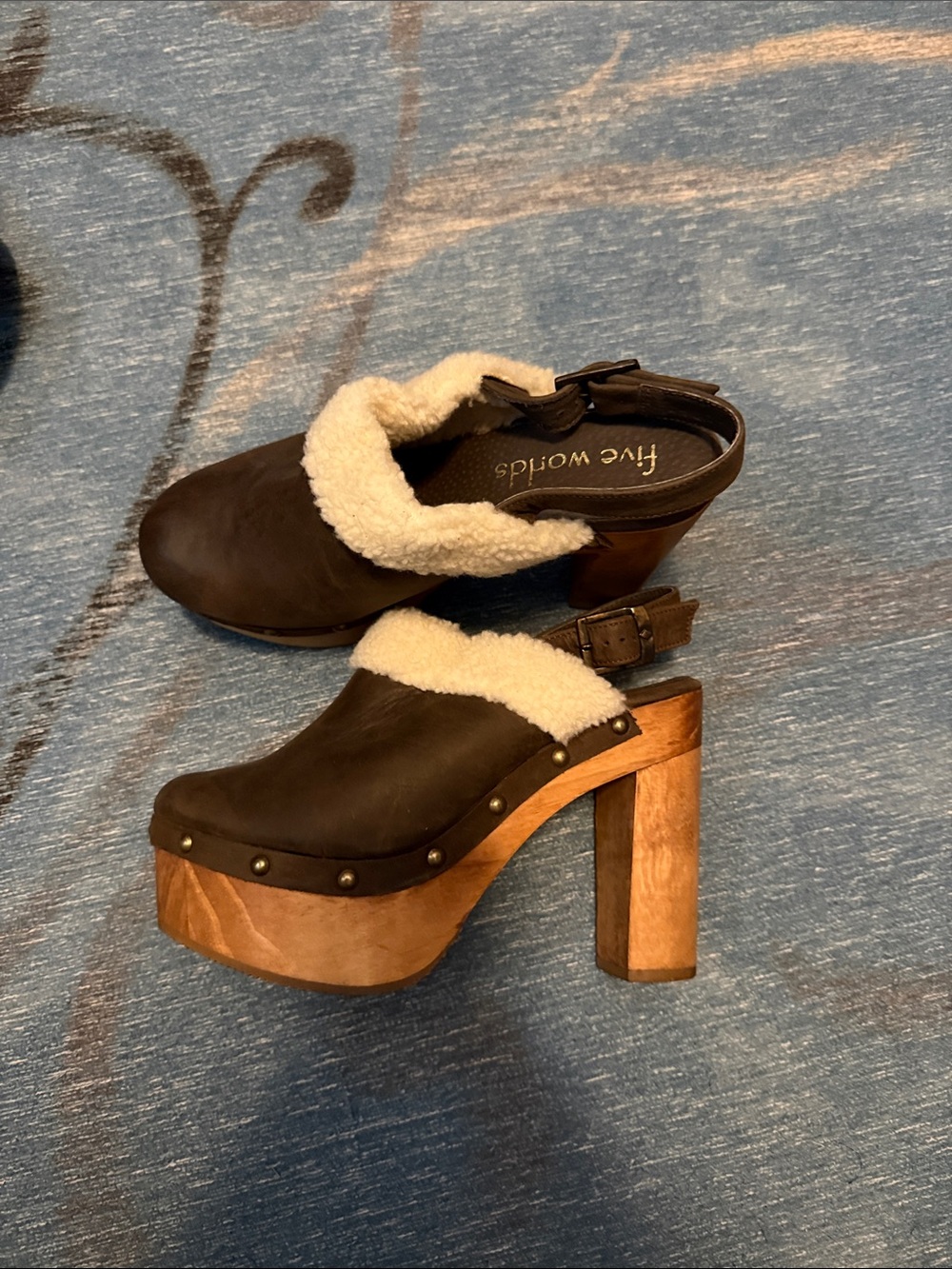 NWOT- Brown Leather Platform Clogs with Cream Shearling Trim